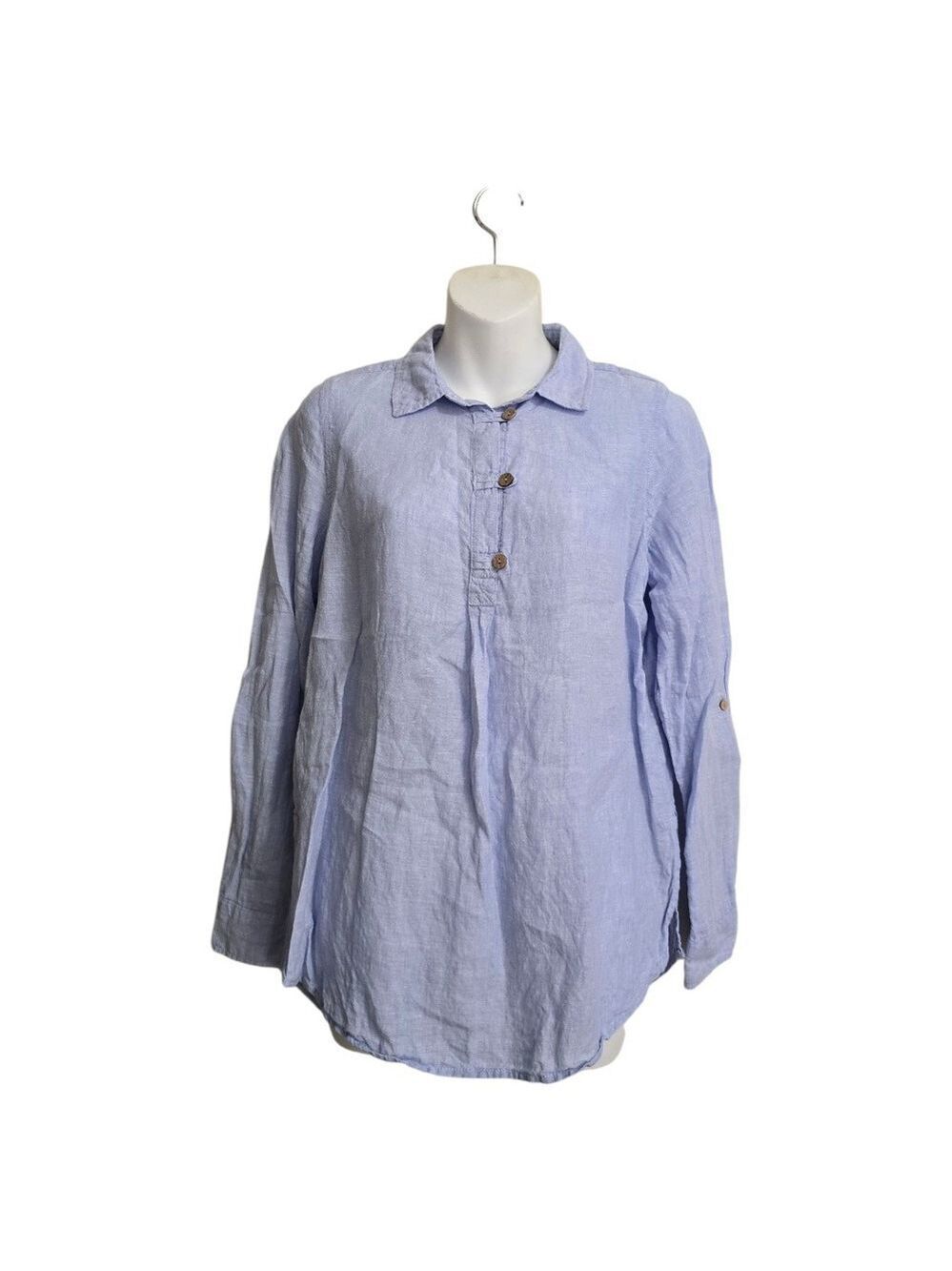 Sigrid Olsen Collared Quarter Button Roll Tab Hi-Lo Linen Chambray Blouse Sz S